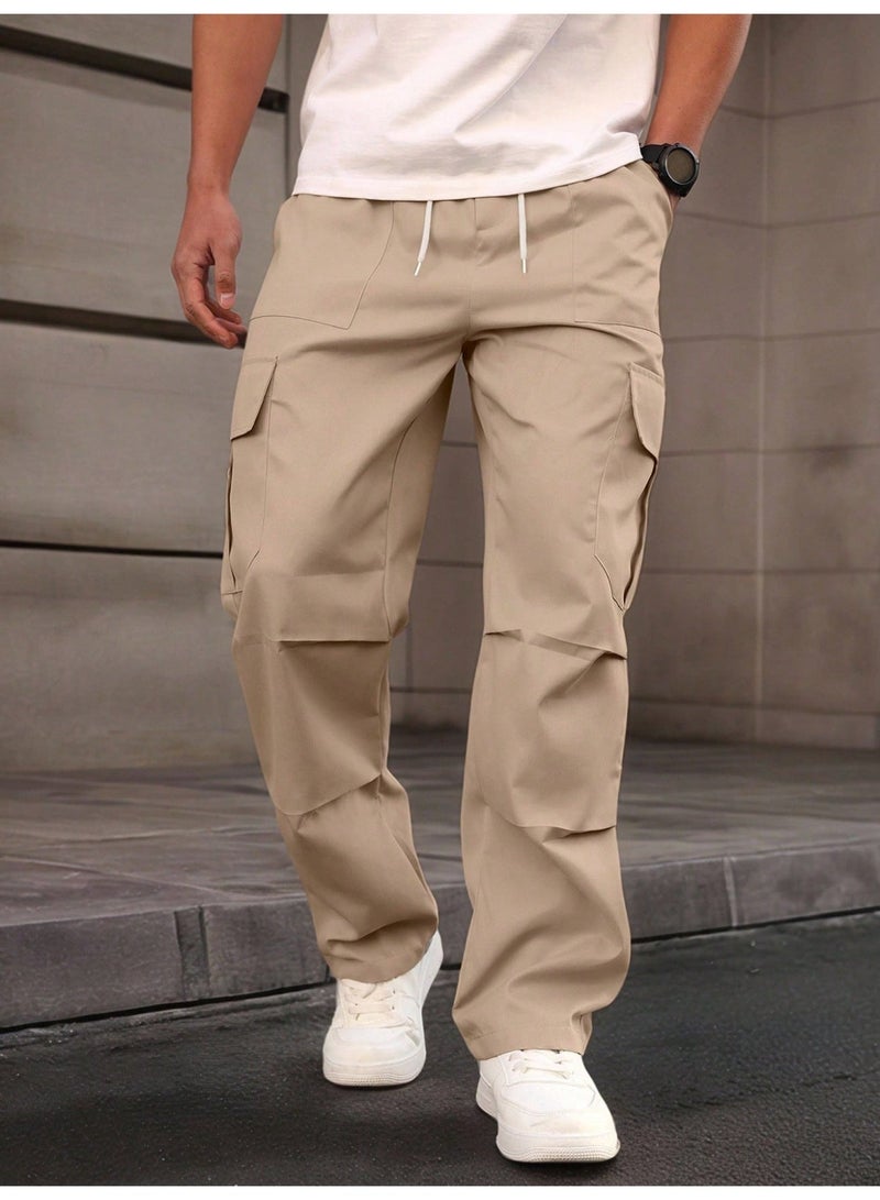 بنطلون كارغو رجالي كاكي متعدد الجيوب بساق مستقيمة ورباط كاجوال - Image 1